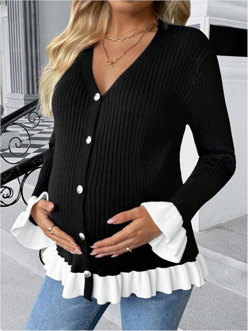 MakeMeChic Women's Maternity Sweater Color Block Bell Sleeve Button Down Ruffle Pregnancy Cardigan - Image 3